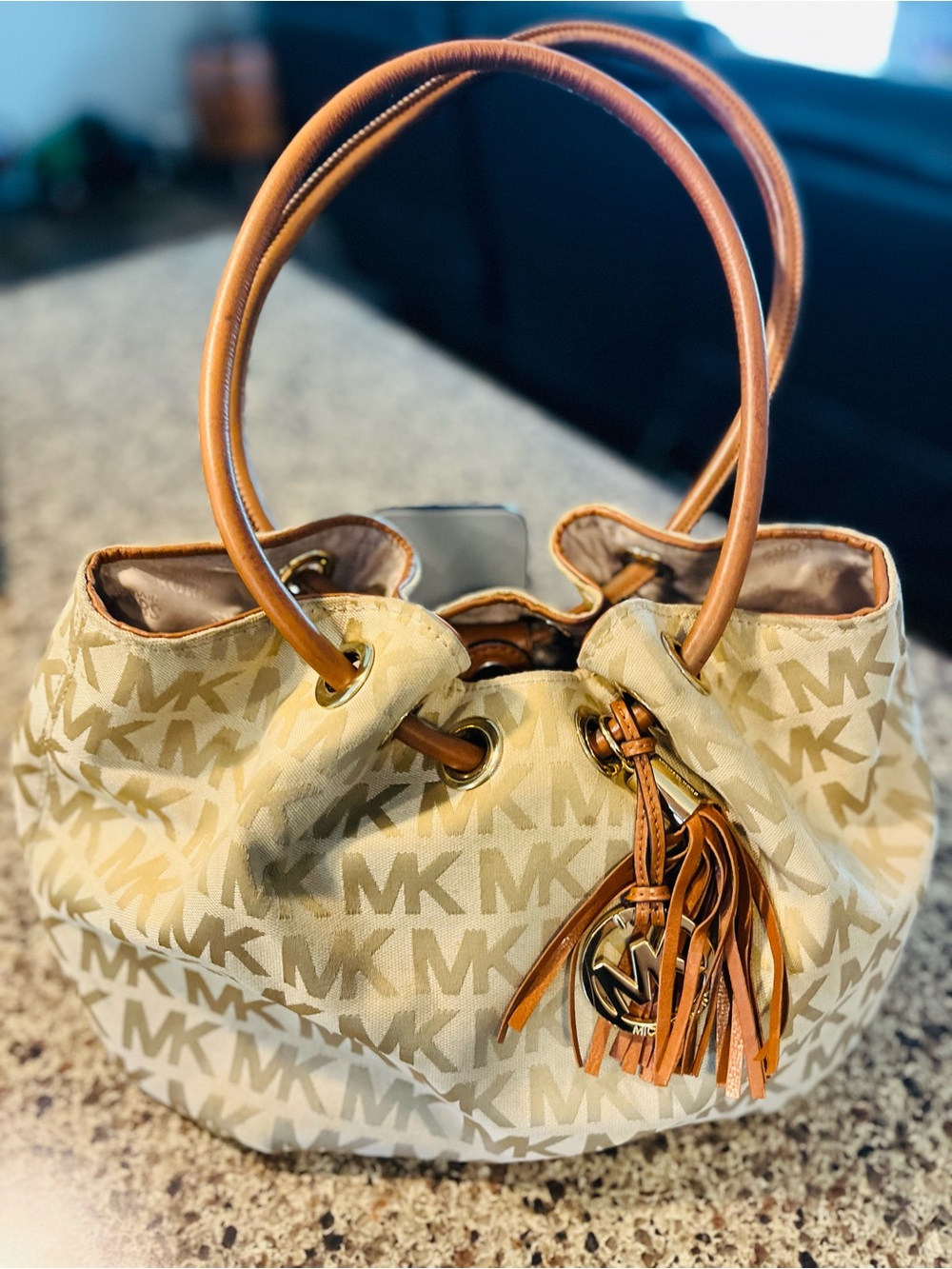 Michael Kors Beige MK Logo Drawstring Hobo with Tan Leather Handles